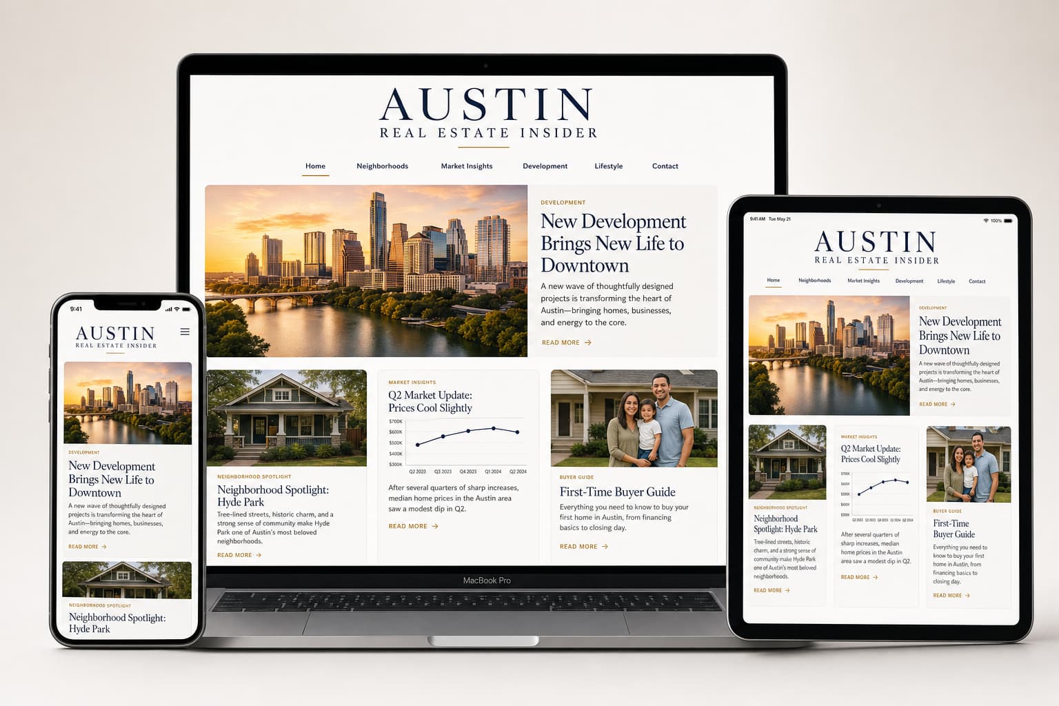 Example of a realtor's branded local real estate publication shown on desktop, tablet, and phone